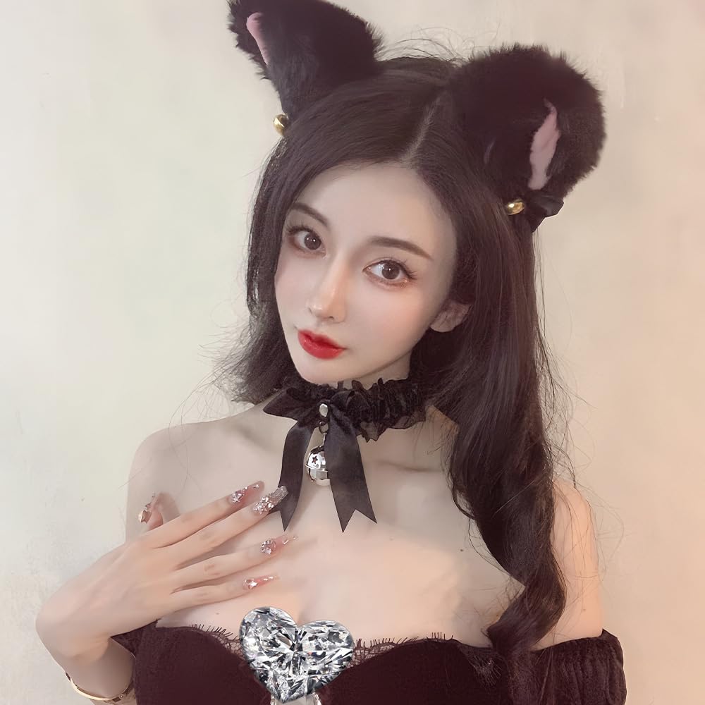 Кошачьи ушки Кошачьи ушки Комплект костюма Школьный рождественский костюм [SANJAOYEE] Повязка на голову, Косплей, Ожерелье, 2, Аксессуар, Фестиваль, Бал, Хэллоуин,