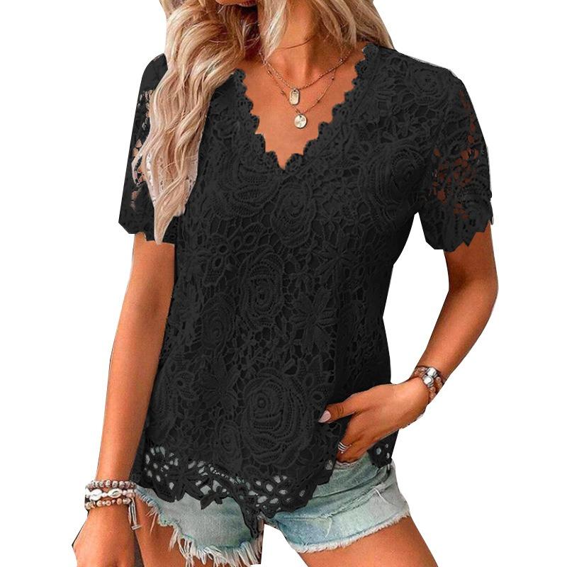 Летняя популярная футболка с V-образным вырезом и короткими рукавами, элегантный кружевной топ