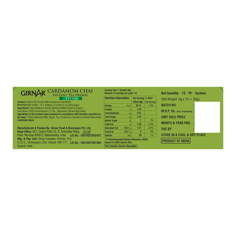 Girnar Instant Cardamom Chai Premix With Stevia 100g 10 Sachets Refreshing Green Tea Beverage