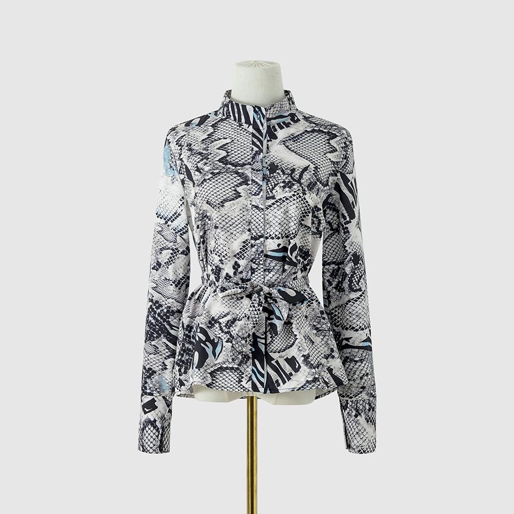 European & American Style Women's Autumn Print Tie Single-Breasted Long-Sleeve Shirt