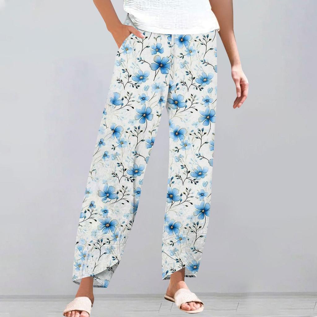 Брюки женские летние повседневные широкие брюки с эластичной резинкой на талии и карманами