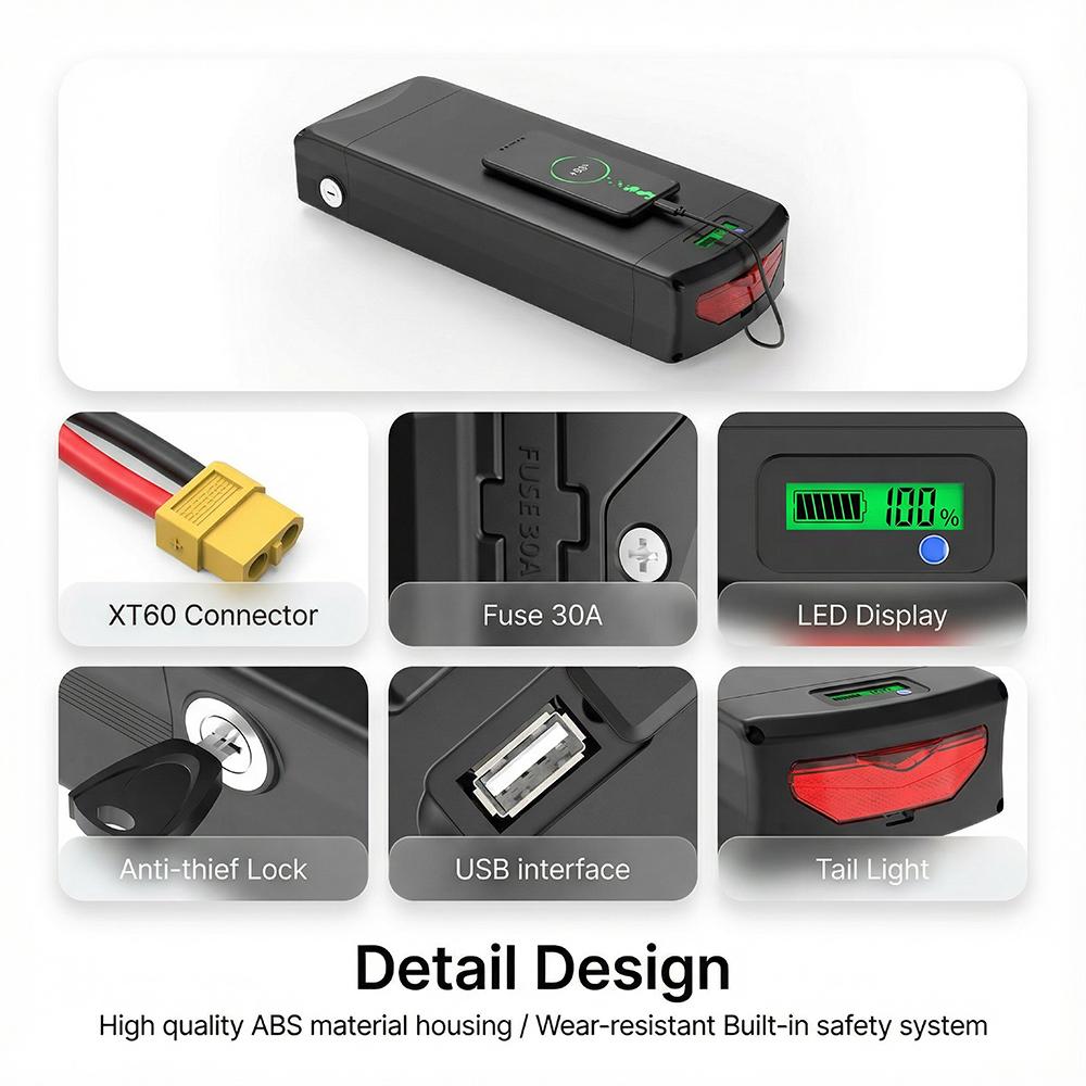 German Stock 48V 31.2Ah Ebike Lithium Battery with 5200mAh Cells & 50A BMS XT60, Includes Rear Rack for Cargo Bike