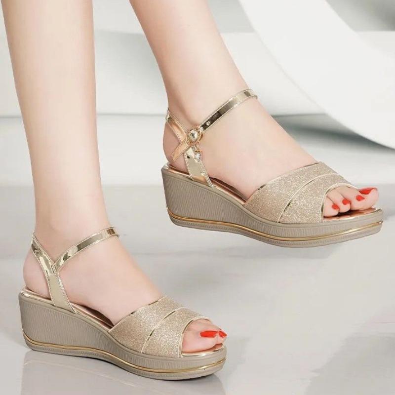 Модные женские сандалии на 2025 год Ортопедическая платформа Летняя Новая Мода Элегантные Римские Стразы Клиновидный Каблук Сандалии на Высоком Каблуке Женские Серебристые