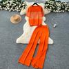 Summer Women Striped Knitted Sweater Trouser Two Piece Set Short Sleeve Pullover Tops and Wide Leg Pant Set