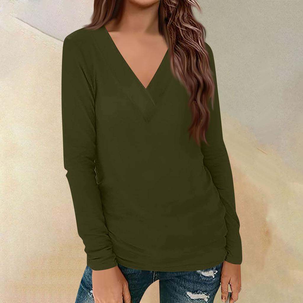 Женский повседневный однотонный принтованный длинный рукав свободный пуловер с V-образным вырезом