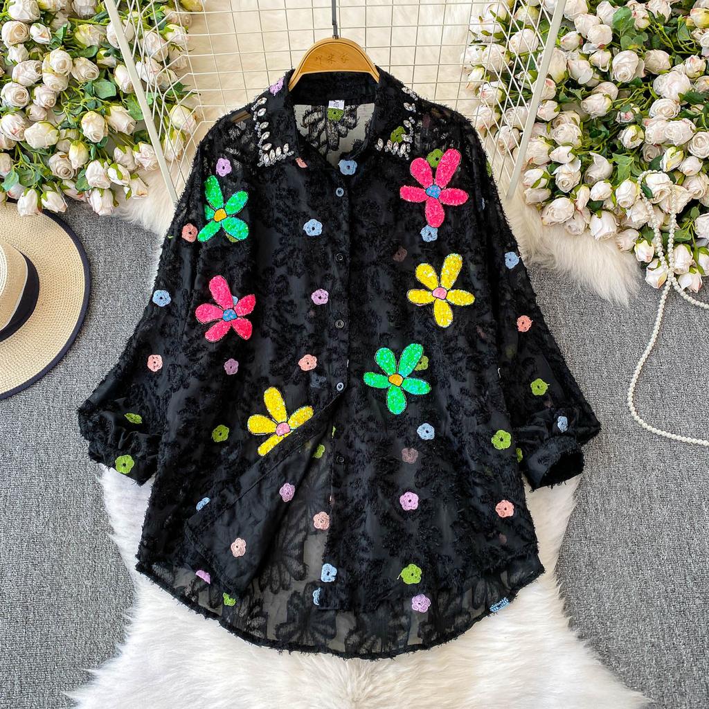 Премиальная рубашка с лацканами и рукавами-фонариками, украшенная бриллиантовыми пайетками в виде цветов, женская летняя милая, омолаживающая, свободная, с бахромой