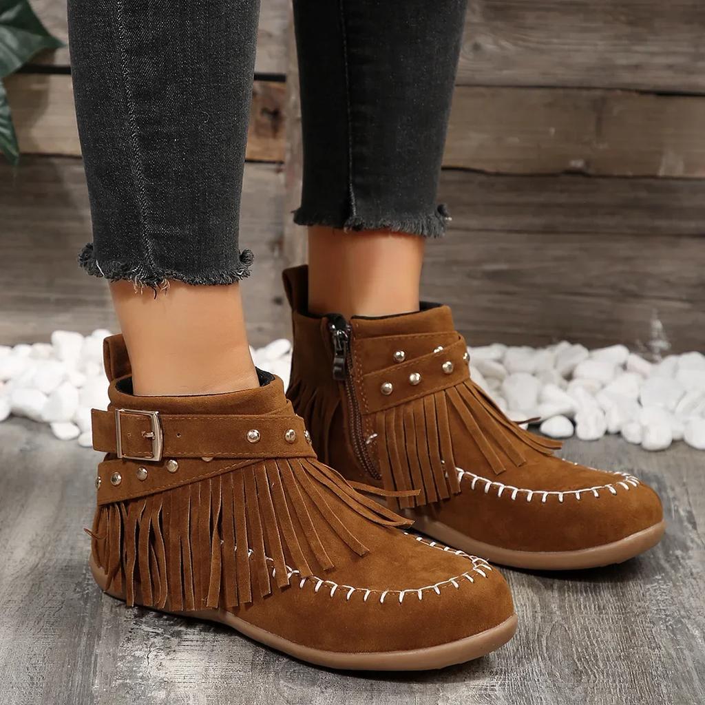 Модные зимние женские ботинки в стиле ретро с кисточками, застежкой-молнией сбоку, заклепками, плоские туфли, удобные нескользящие ботинки с круглым носком для женщин, размер 43