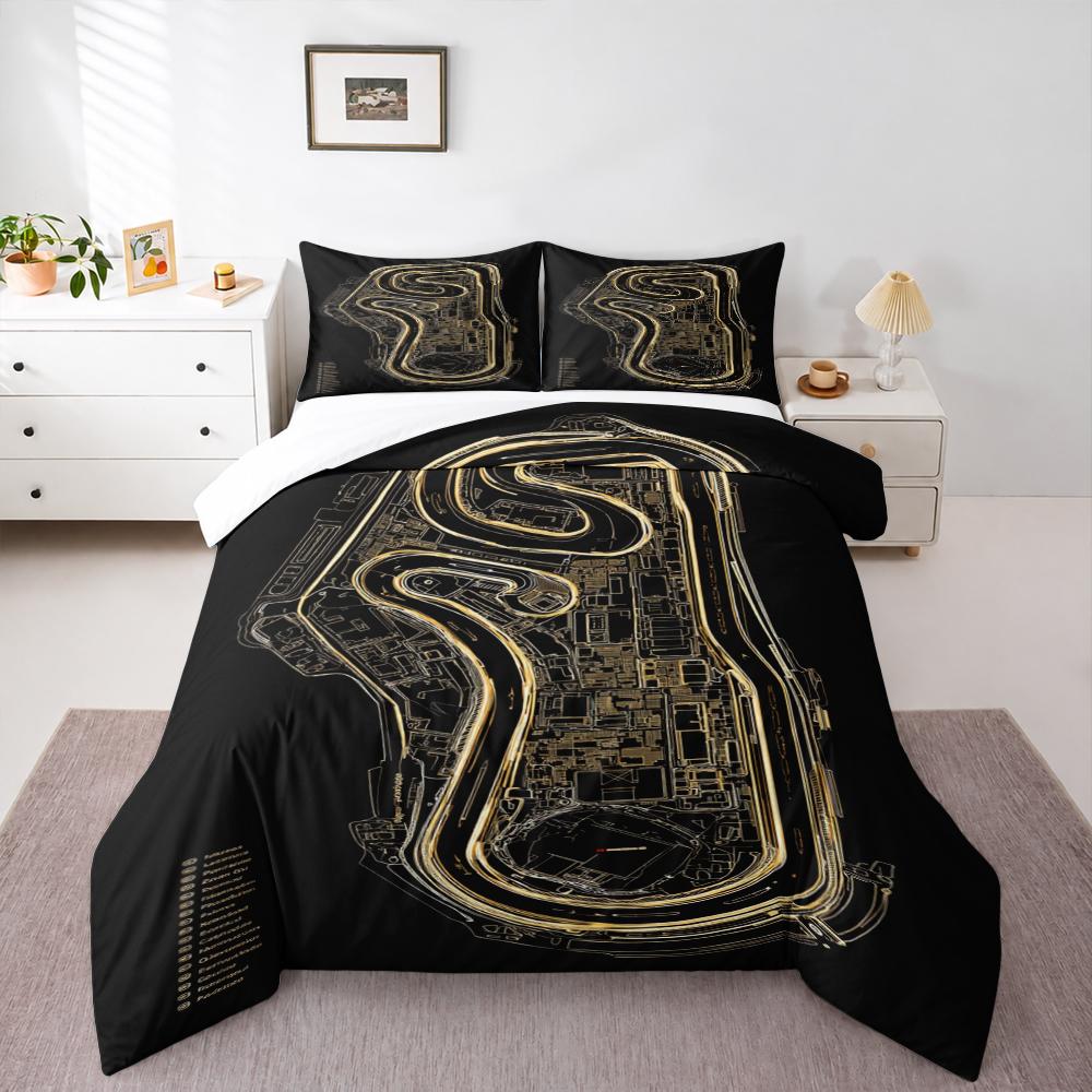 Gold Line Art Race Circuit Map Bedding set (1 duvet cover, 2 pillowcases, duvet not included), Track Blueprint Art Print