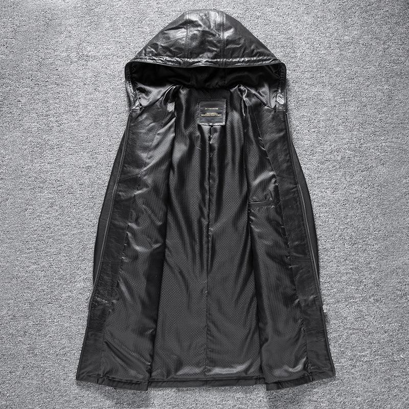 New Autumn Genuine Leather Leather Jacket for Men's Head Layer Cowhide Casual Hooded Long Windbreaker Leather Jacket with Hat