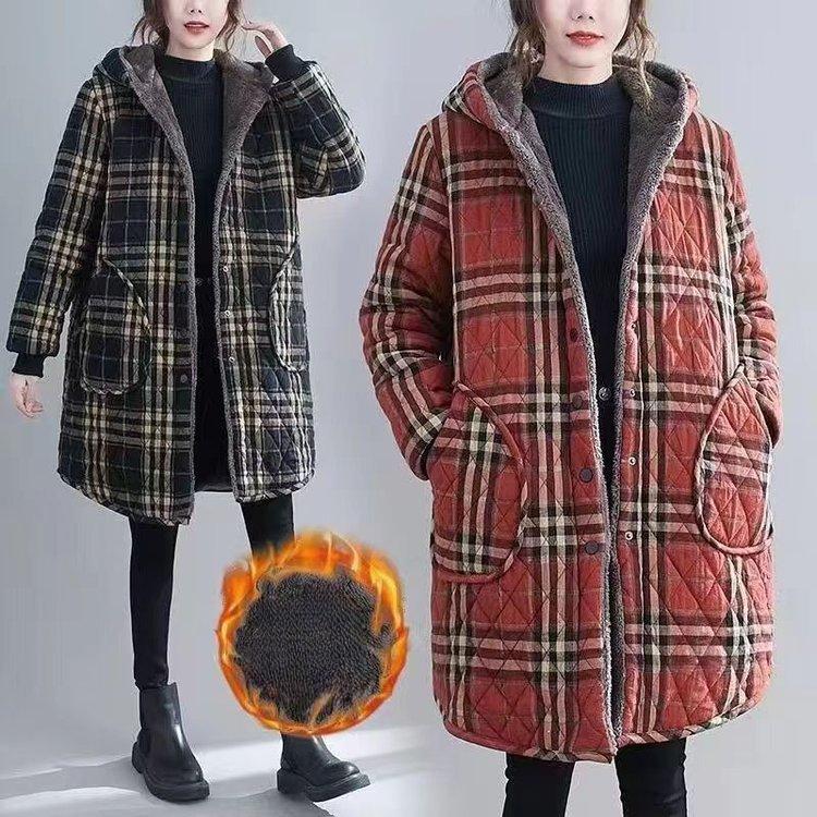 Winter Jacket Plus Velvet Thick Padded Jacket Women's Literature and Art Plus Size Women's Hooded Padded Jacket Plaid Padded Jacket Women