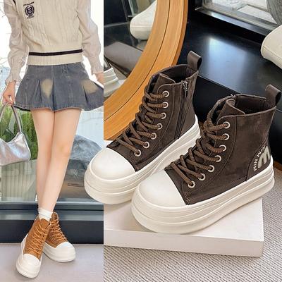 Женские высокие кроссовки из мягкой кожи, новинка осени, на толстой подошве-маффине, с внутренней платформой, увеличивающей рост, универсальная повседневная спортивная обувь