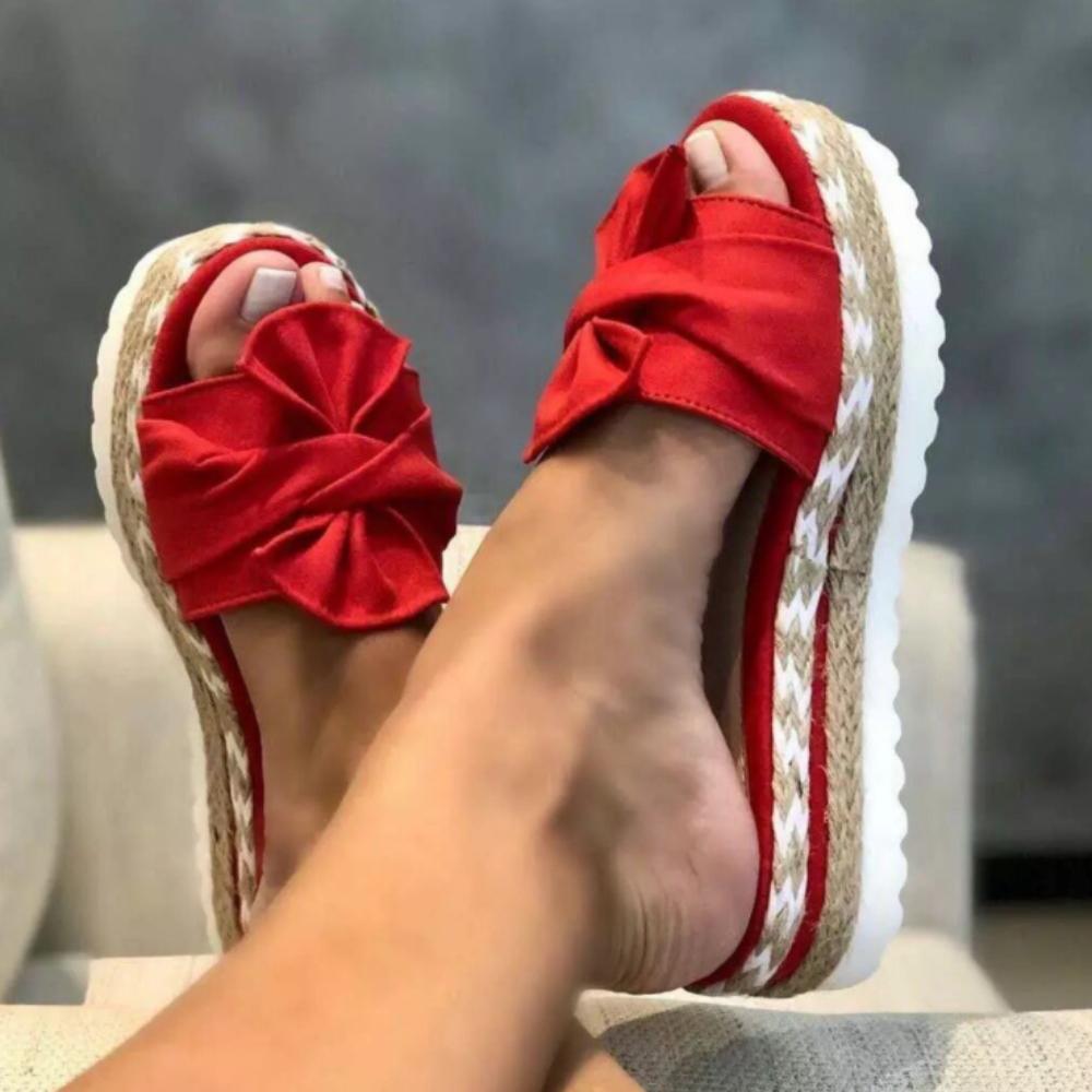 Новые женские тапочки, повседневные однотонные туфли на платформе с бантом, модные прогулочные сандалии с плетеными ремешками, Zapatilla Mujer