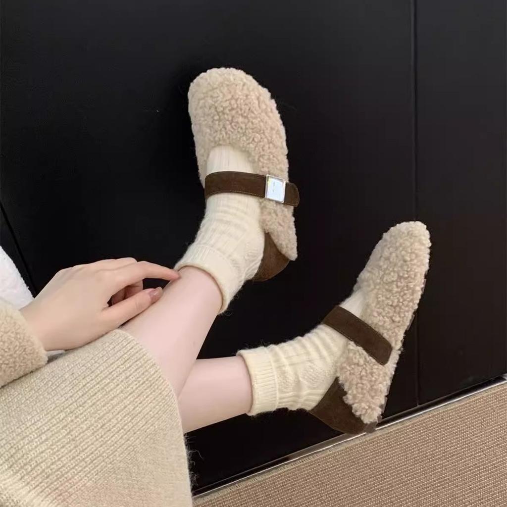 Туфли из овечьей шерсти женские для ношения на улице зимой осенью и зимой новые нежные феи ветер бархатные теплые хлопковые туфли на плоской подошве туфли Мэри Джейн