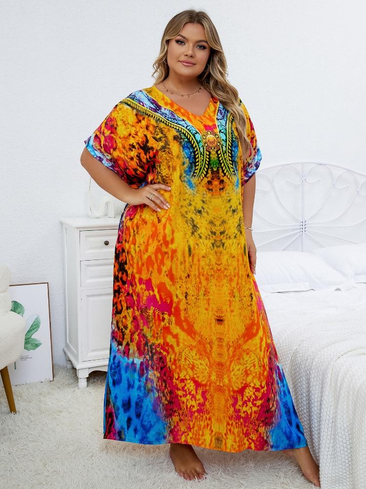 EDOLYNSA Желтый кафтан, женское богемное длинное платье больших размеров, свободное платье Moo Moo, дышащий купальный костюм для отдыха и отпуска, накидка Q1415