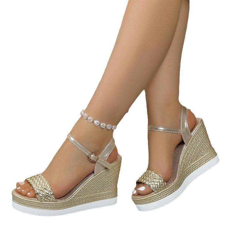 Босоножки на танкетке женские летние 2024 новые римские с круглым носком и плоским дном плетеные женские верхние сандалии с рыбьим ртом