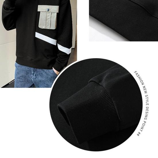 Осень-весна Мужская толстовка с круглым вырезом Аппликация Карман в стиле пэчворк Сплошной цвет с длинным рукавом Свободный пуловер Мягкий дышащий средней длины Мужской повседневный топ