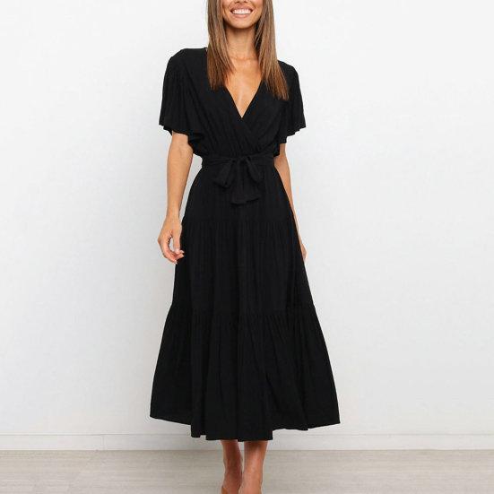 Женское летнее платье миди с v-образным вырезом и короткими рукавами, пояс с высокой талией и рюшами, однотонное платье трапециевидной формы, уличная одежда