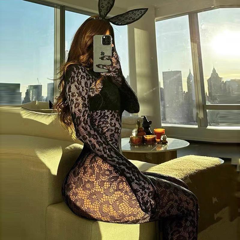New Erotic Fishnet Bodystocking Purple Temptation Pajamas Women's Transparent Hollow Porn Sexy Lingerie Bodysuit Exotic Costumes