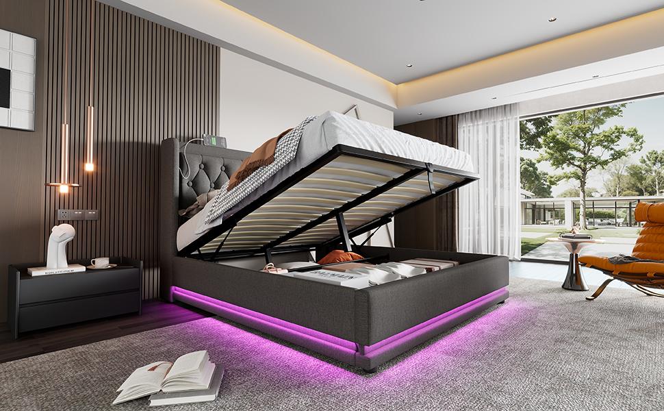 (=AB20149900G)Upholstered Double Bed 180*200cm, Grey Cotton Hydraulic Storage, Padded Headboard USB Type-C Charging, 3-Side LED (Without Mattress)