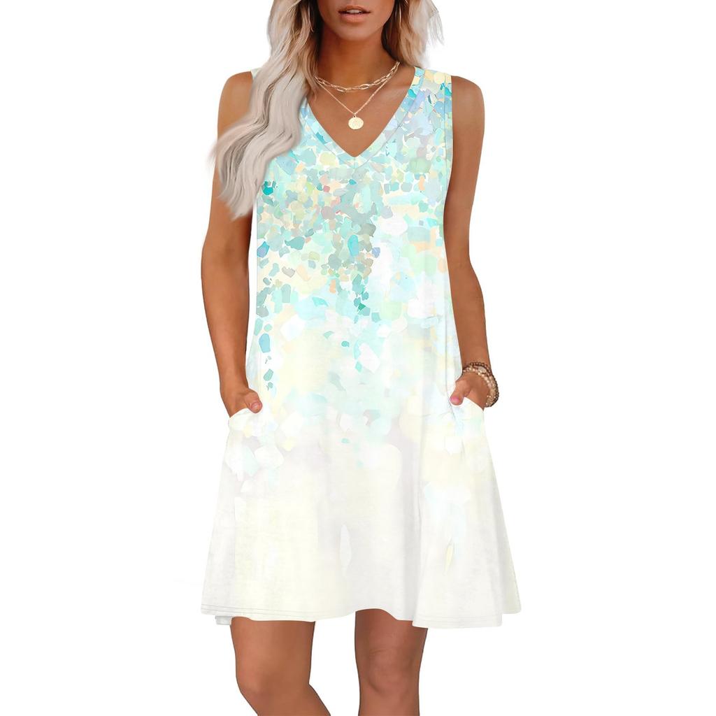 Женские летние платья свободного кроя с принтом V-образным вырезом без рукавов сарафаны пляжное гавайское платье с карманами