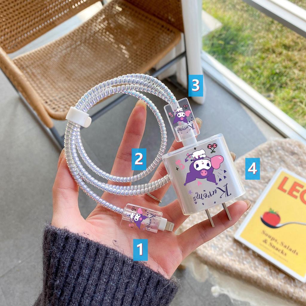 Комплект защиты кабеля данных Apple: Зарядная головка 20 Вт, прозрачный мультяшный дизайн, набор из 4 предметов