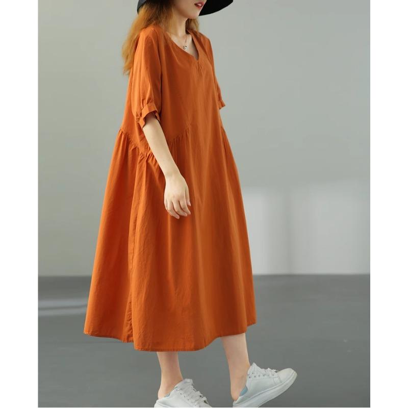 DIMANAF 2025 Весеннее однотонное платье Женское повседневное винтажное длинное платье Свободное базовое зеленое черное оранжевое платье