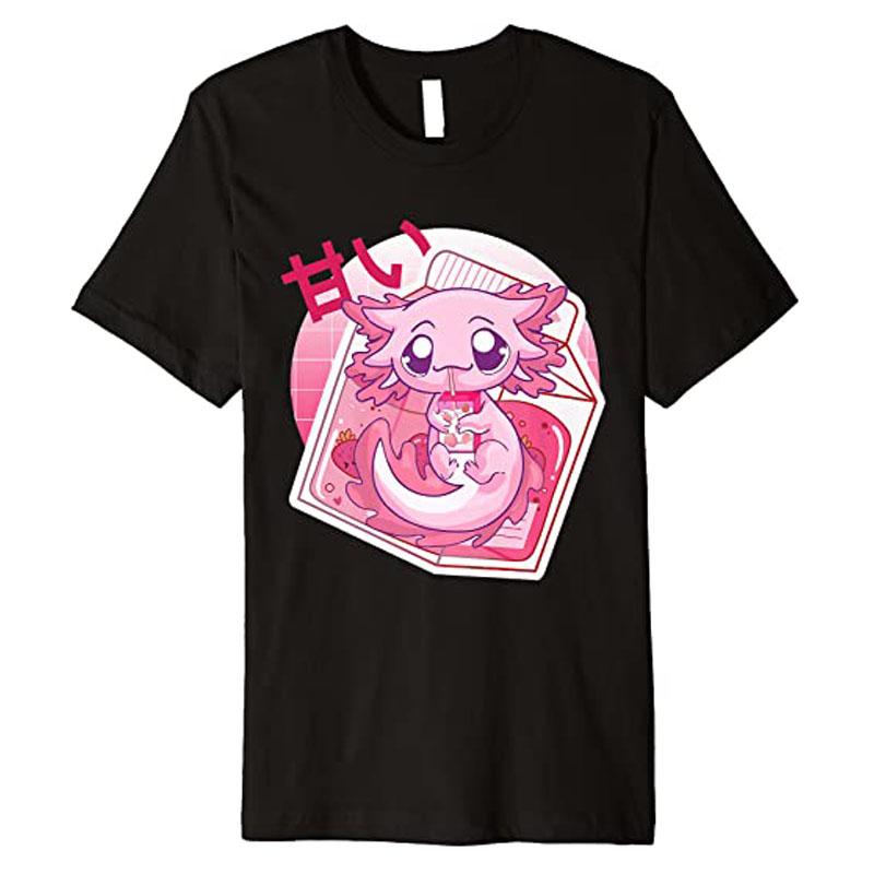 Kawaii Axolotl Strawberry Milk Japanese Anime Girls Teenager Premium TShirt Y2k Cartoon Unisexga Graphic Aesthetic Clothes Novelty