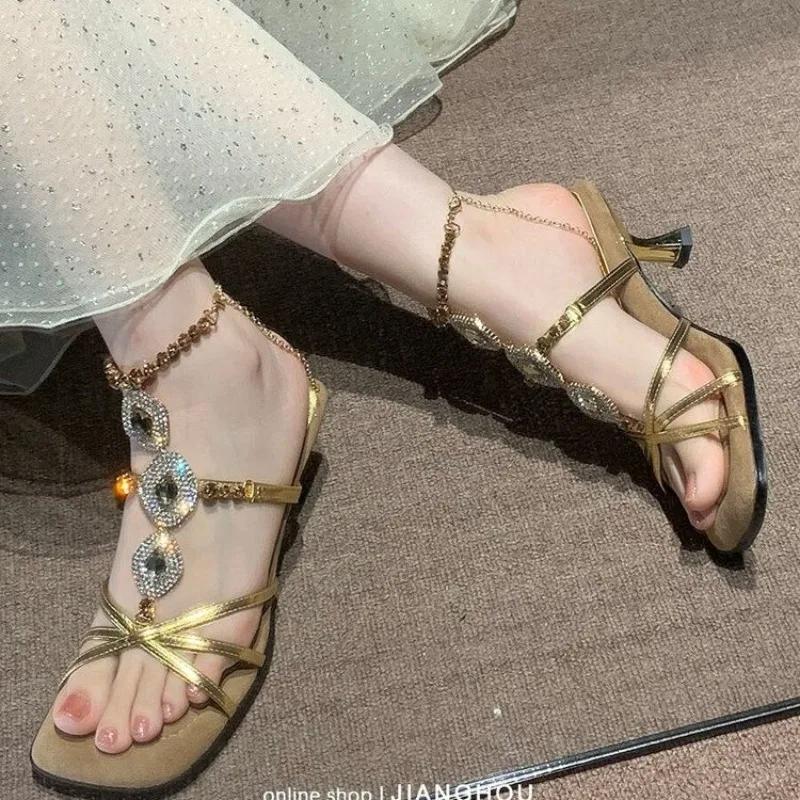 Fashion 2025 Fashion Women's Sandals Square Toe Chain Thick Mid Heels Cow Split Leather Crystal High Quality Summer Shoes