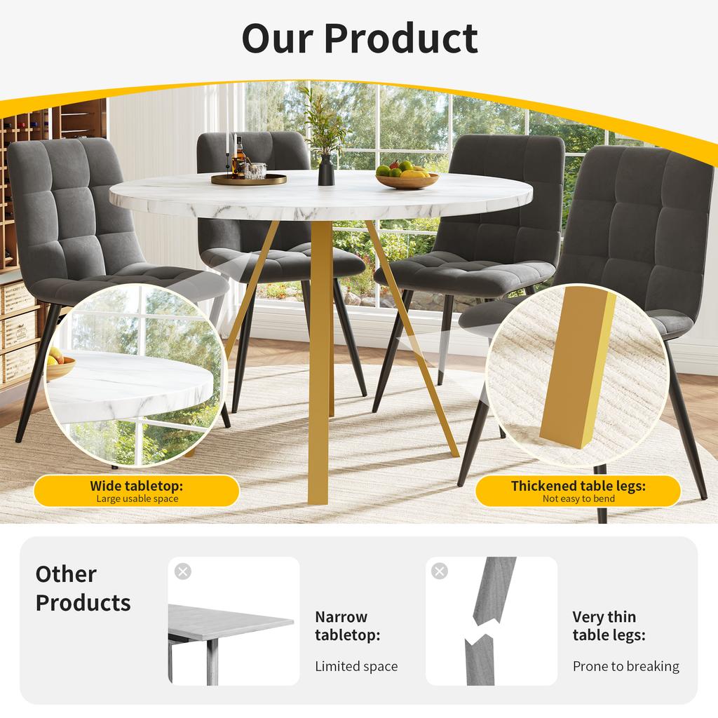Round Dining Table (80×80×75cm), Coffee Table for 4 People, Dining Room, Living Room, Metal Table Legs, White Marble Pattern and Gold Table Legs