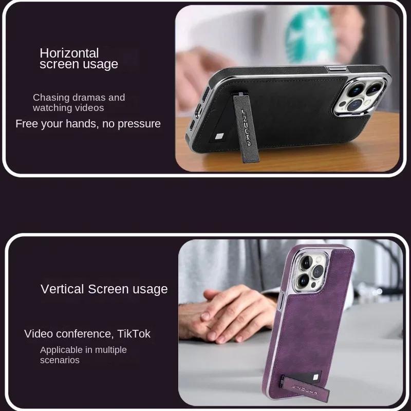 Invisible Bracket Holder Leather Case For iPhone 16 Pro Max 15 Plus 17 14 Pro 13 12 11 Aluminum Lens Electroplated Bumper Cover