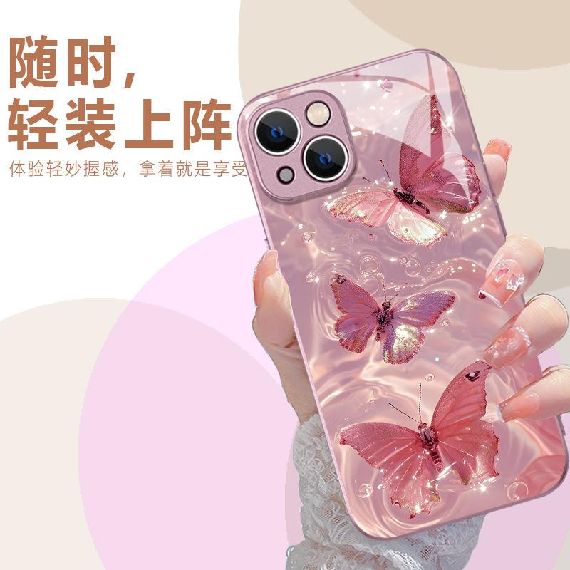 Internet celebrity hot-selling feather butterfly iPhone15Promax mobile phone case women's Apple 17 tempered glass protective case