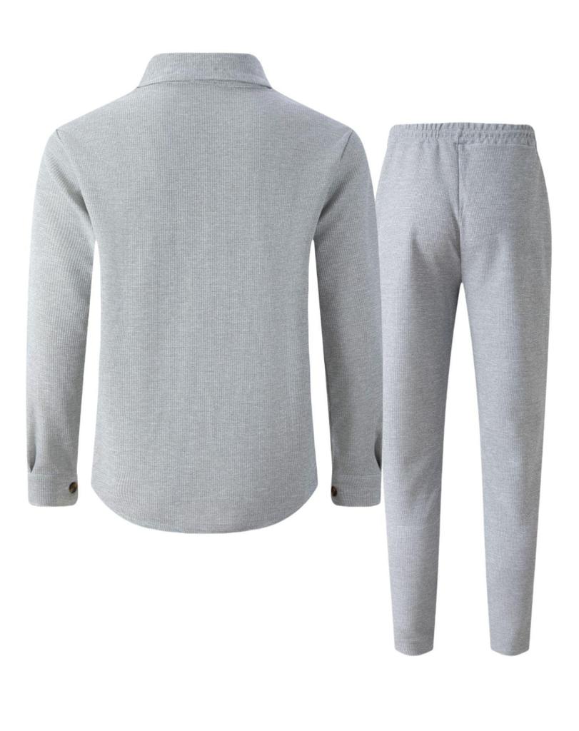 Осенний вафельный костюм-двойка: Кардиган с длинным рукавом и брюки с двойным карманом