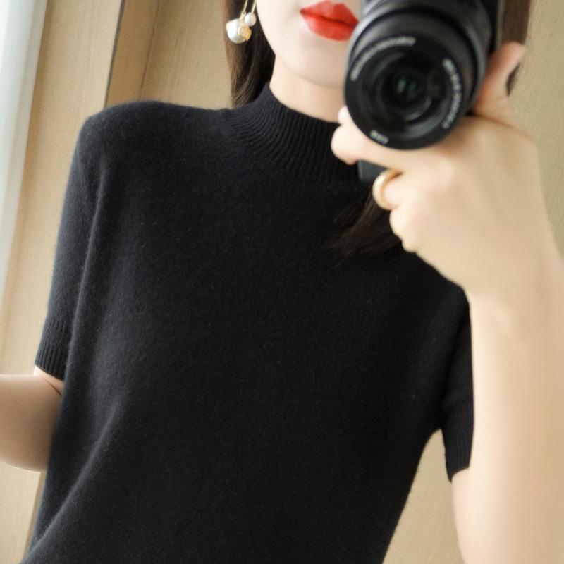 Women's Wool Blend Half High Neck Short Sleeve Sweater