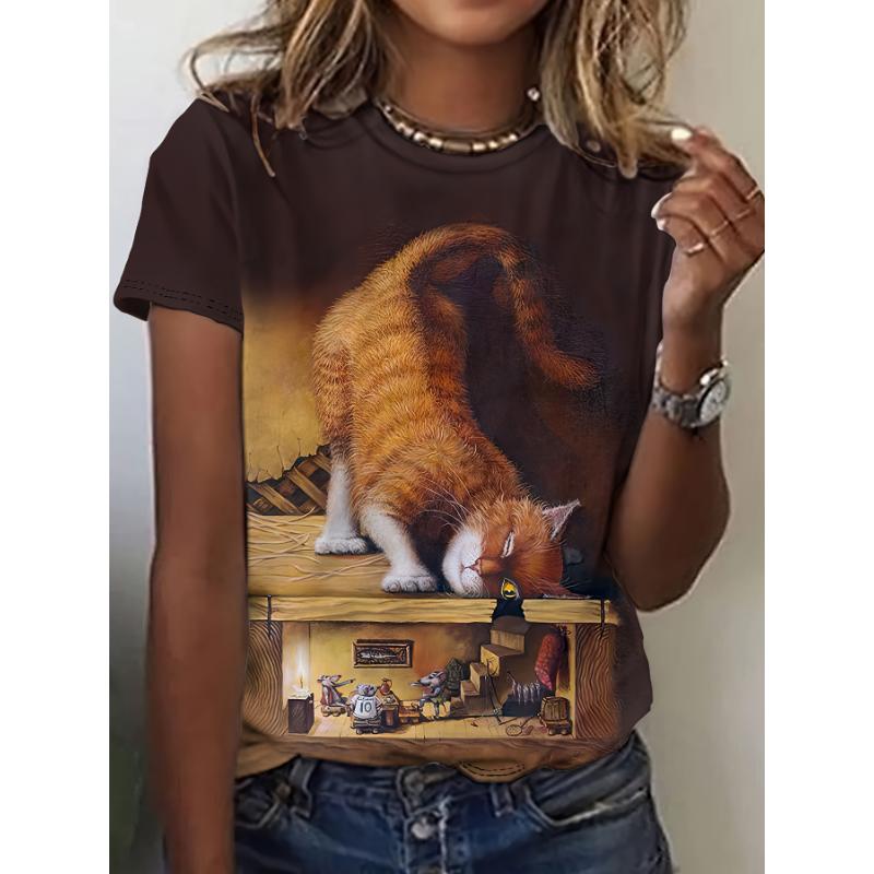 Women's T-Shirt Cat Print Design Harajuku Casual Short Sleeved Top Fashionable Trend Plus Size Women's Clothing