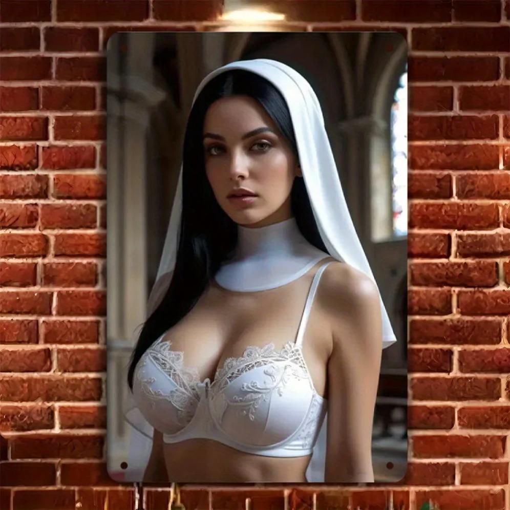Металлическое настенное искусство «Церковь мечты» 8x12 дюймов - Религиозный декор с кружевным бюстгальтером и вуалью монахини для дома, бара, кафе