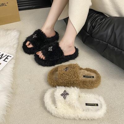 Пушистые тапочки на толстой подошве женские уличные хлопковые тапочки 2025 новые осенне-зимние супер огонь модные нескользящие хлопковые тапочки с одной перемычкой