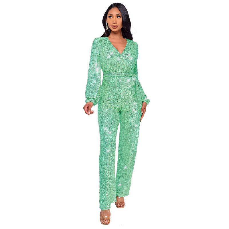 Sparkly Jumpsuits For Women Dressy Formal Plus Size Long Sleeve Sequin Party Rompers Sexy V Neck Wide Leg Pants Suit
