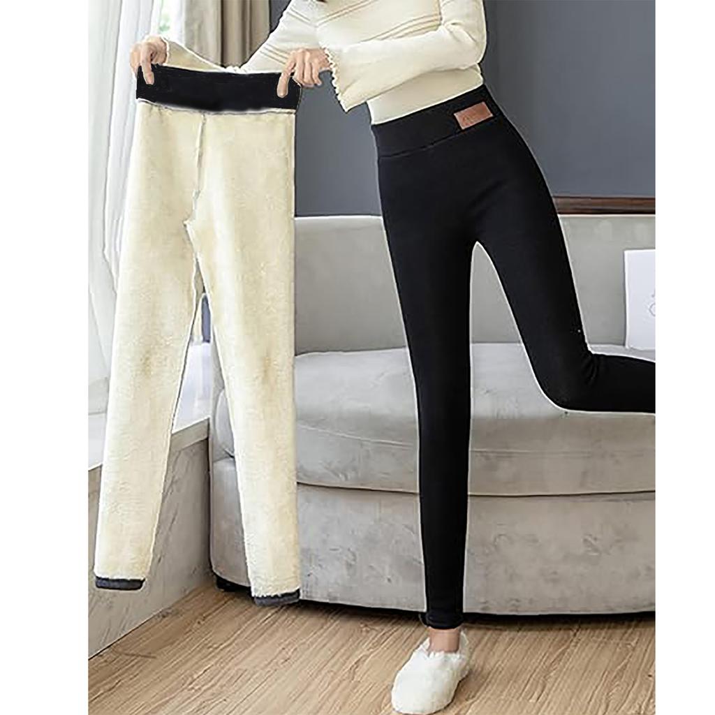 Fleece Lined Leggings Women - Thick Soft High Waisted Black Tummy Control Thermal Warm Velvet Pants for Cold Winter