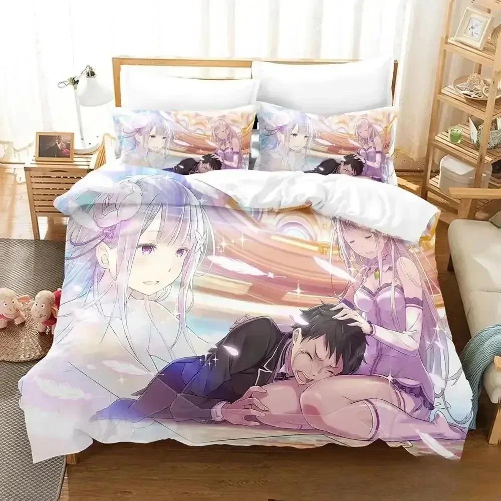 Comforter 3D Anime Re Zero Rem Ram Emilia Bedding Set Bed Set Comforter King Queen Size Boys Adult