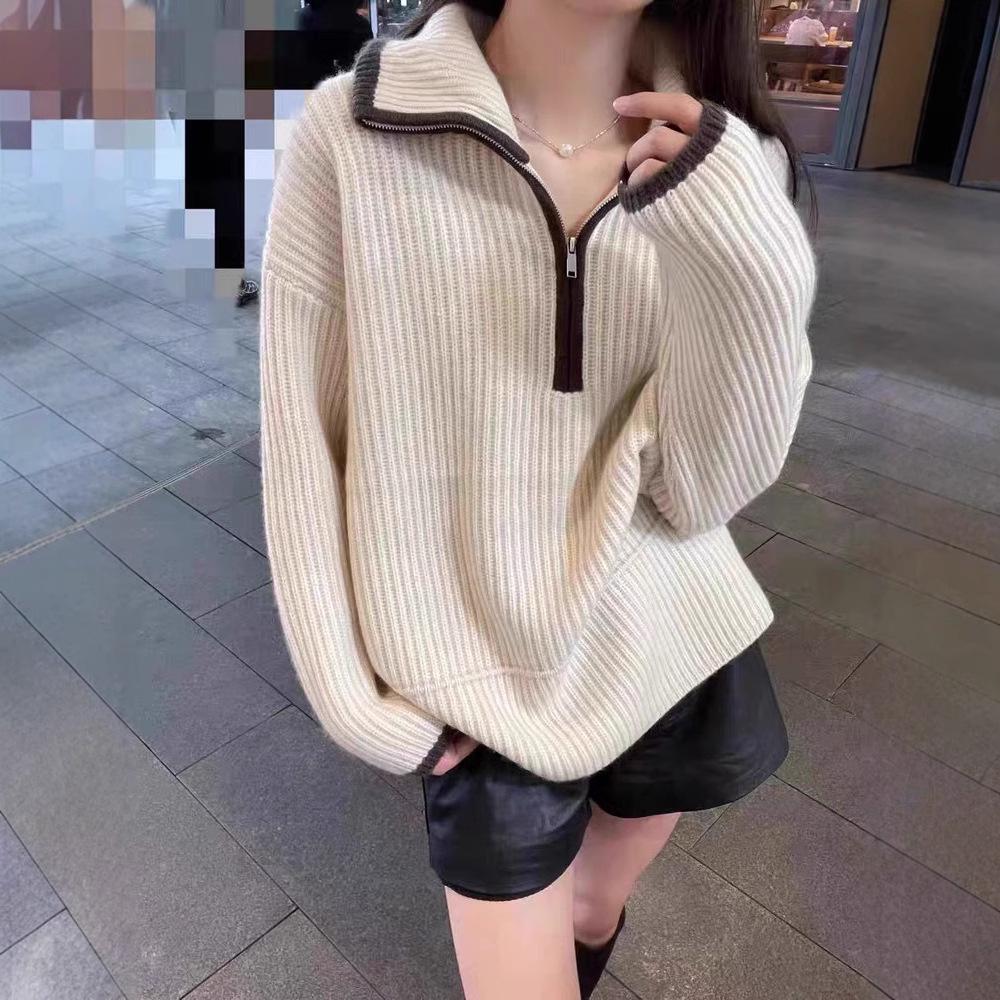 Women's Pure Wool High-Neck Half-Zip Cashmere Sweater - Loose Fit for Autumn/Winter