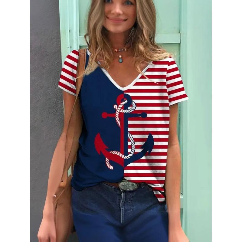 Полосатая графическая 3D футболка женская летняя с V-образным вырезом и коротким рукавом, праздничная повседневная футболка, женская уличная одежда, футболка оверсайз