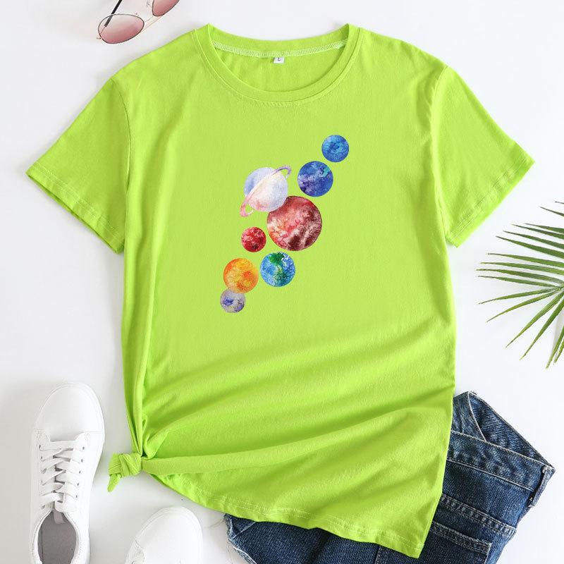 Летние женские футболки больших размеров с принтом планеты из чистого хлопка свободного покроя с круглым вырезом и короткими рукавами для женщин