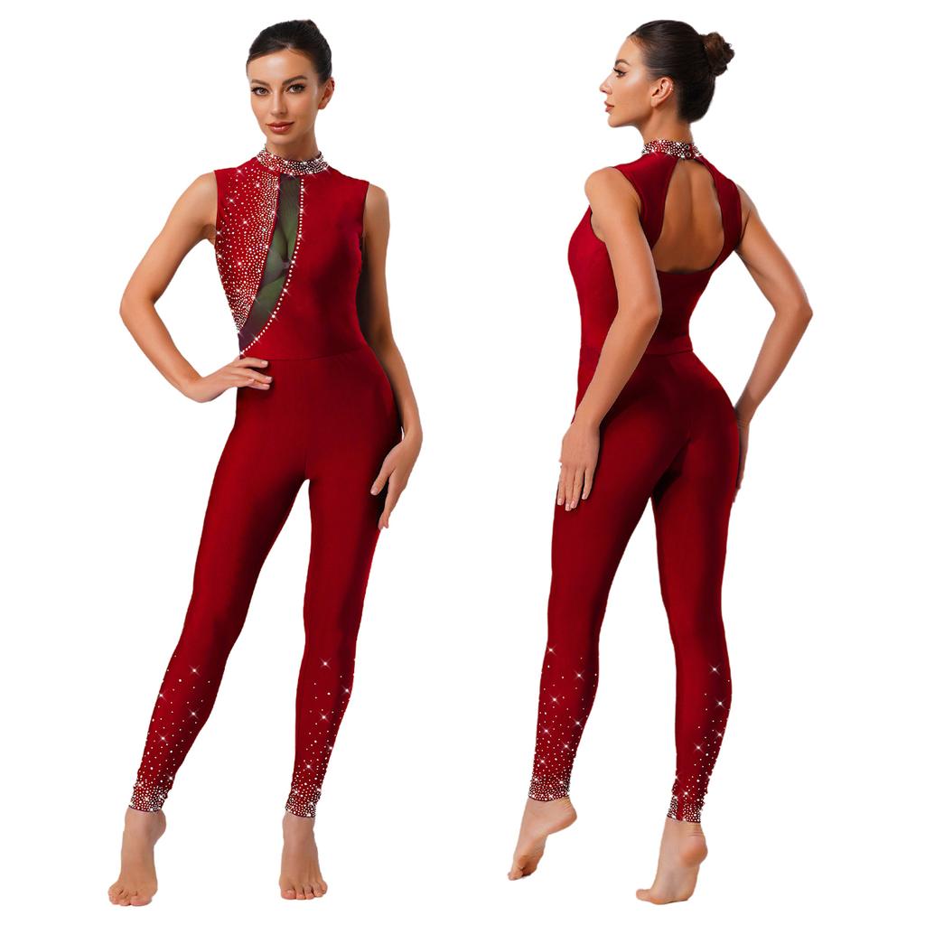 Женский гимнастический боди без рукавов с вырезом на спине, украшенный блестящими стразами, облегающий комбинезон