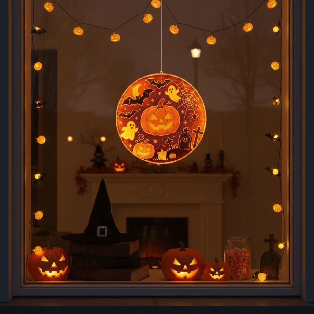 Warm Yellow Glow Pumpkin Hanging Lamp Ghost Silhouette Light Holiday House Decoration