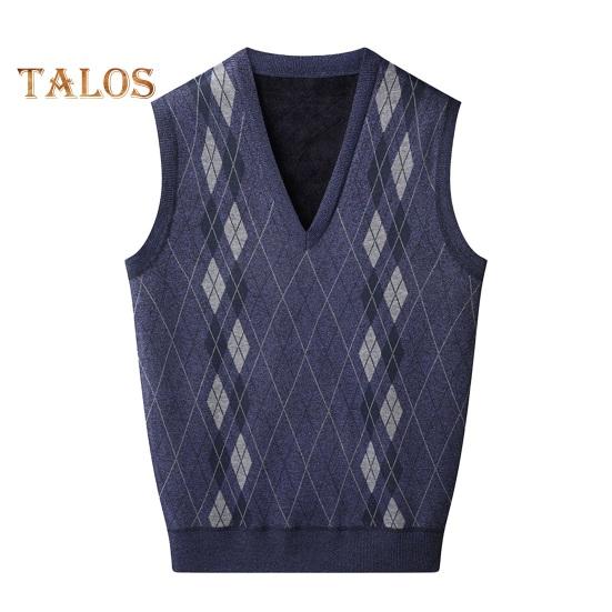 Мужской вязаный жилет с V-образным вырезом, без рукавов, утолщенная плюшевая подкладка, жилет с ромбическими узорами, зимний жилет, свитер