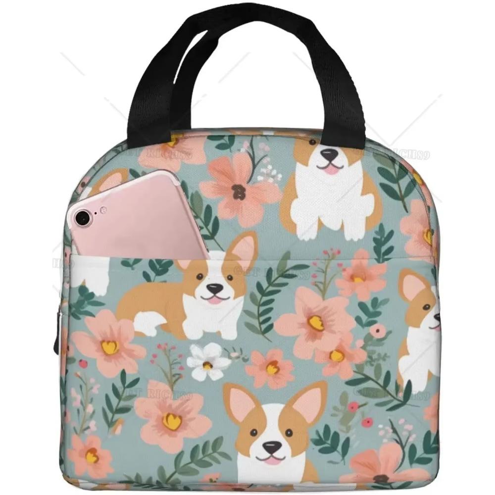 Сумка для ланча Corgis Dog Flower для взрослых, изолированный ланч-бокс с милым рисунком, многоразовая сумка для ланча для учебы, работы, пикника