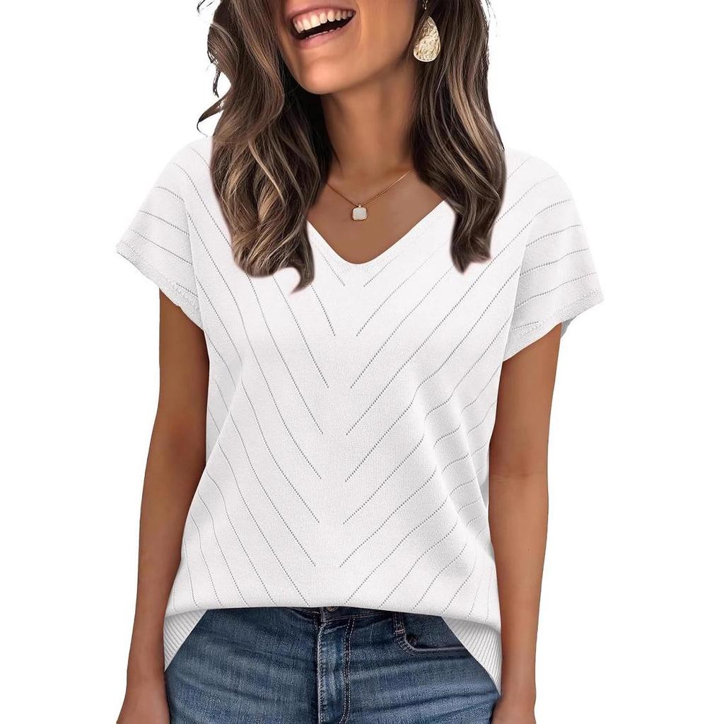 Летний горячий тренд 2026 года Пляжный отдых Короткий рукав V-образный вырез Ажурный повседневный вязаный свитер для женщин