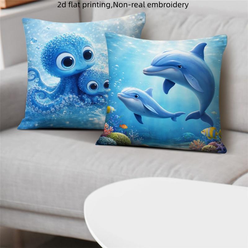 Cute Marine Life Throw Pillow Covers Cartoon Dolphin Octopus Turtle Crab Print Cushion Cases Ocean Decor For Bedroom Living Room