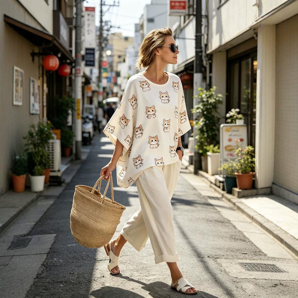 1116 Printed Two-piece Set Crew Neck Bat Sleeve Loose Top Wide Leg Pants Daily Casual Set