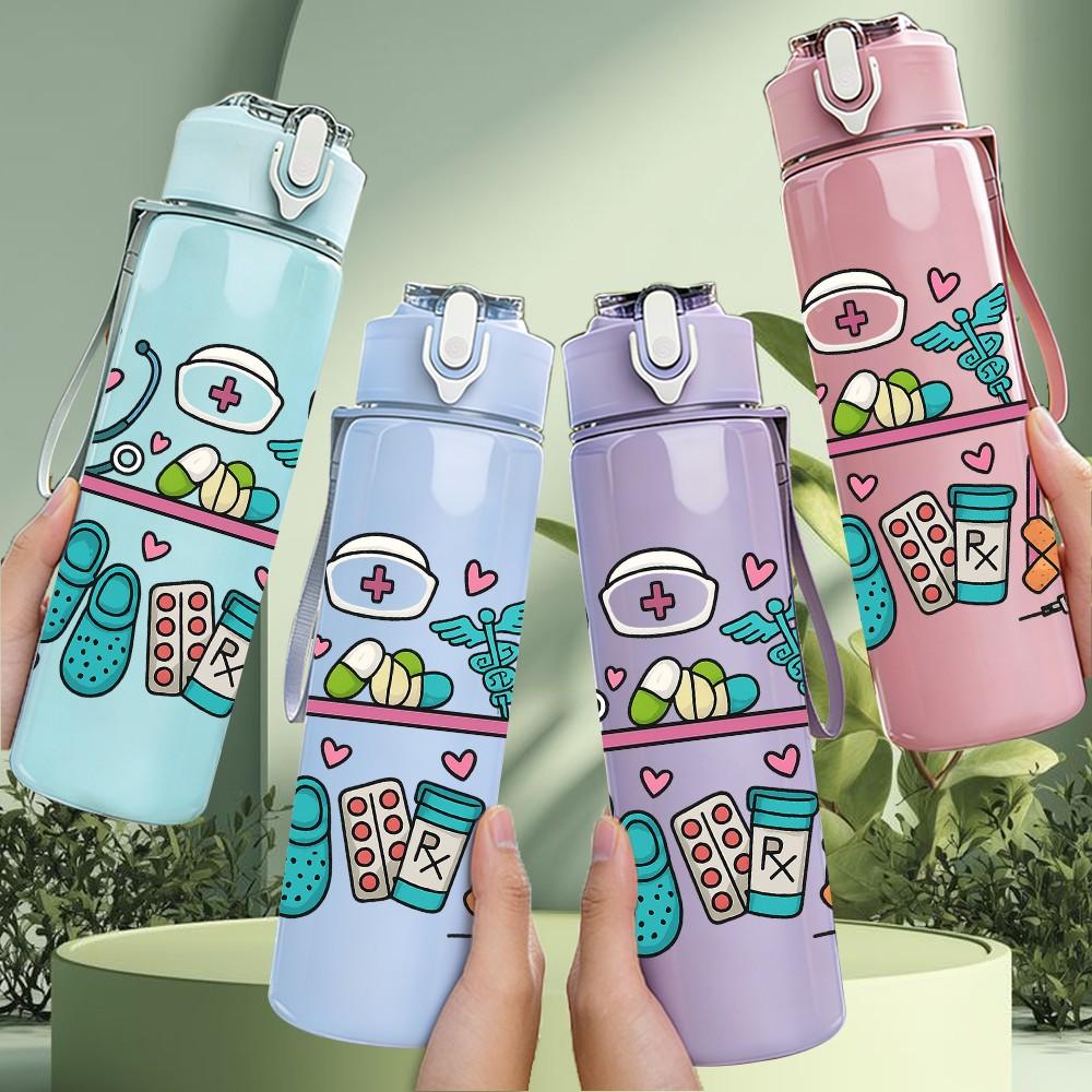 1PC Medical Tool Floral Frame Layout 750ml Color Plastic Sports Water Bottle Leakproof Flip Straw Lid For Sports Office Home Use